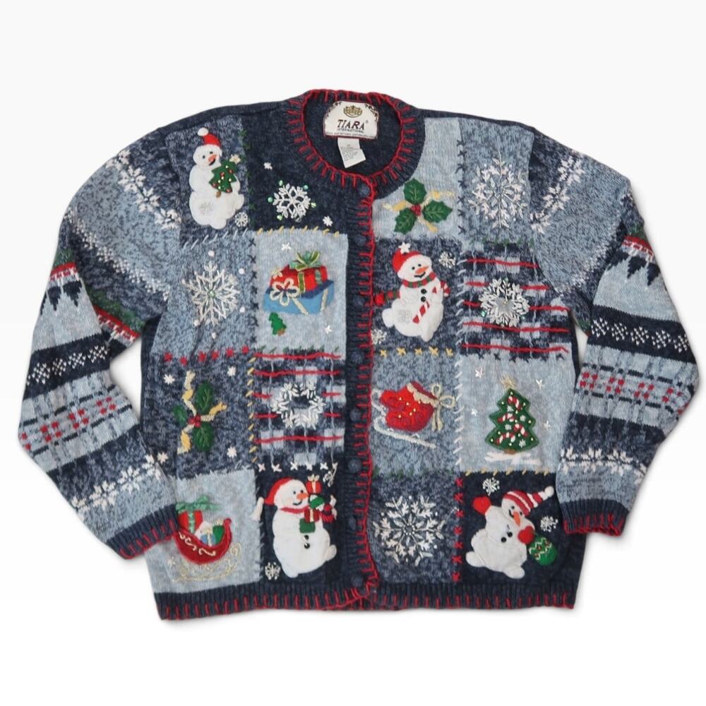Vintage 90s Tiara Blue Christmas Embroidered Patchwork Cardigan Sweater M